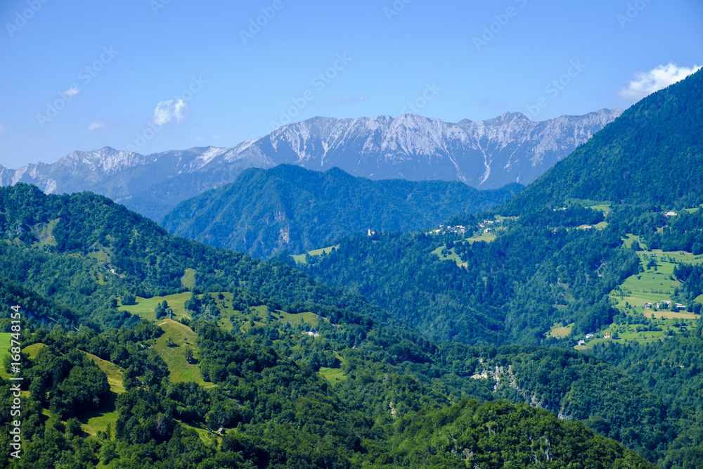 View from villge of Sebrelje towards Tolmin mountains.