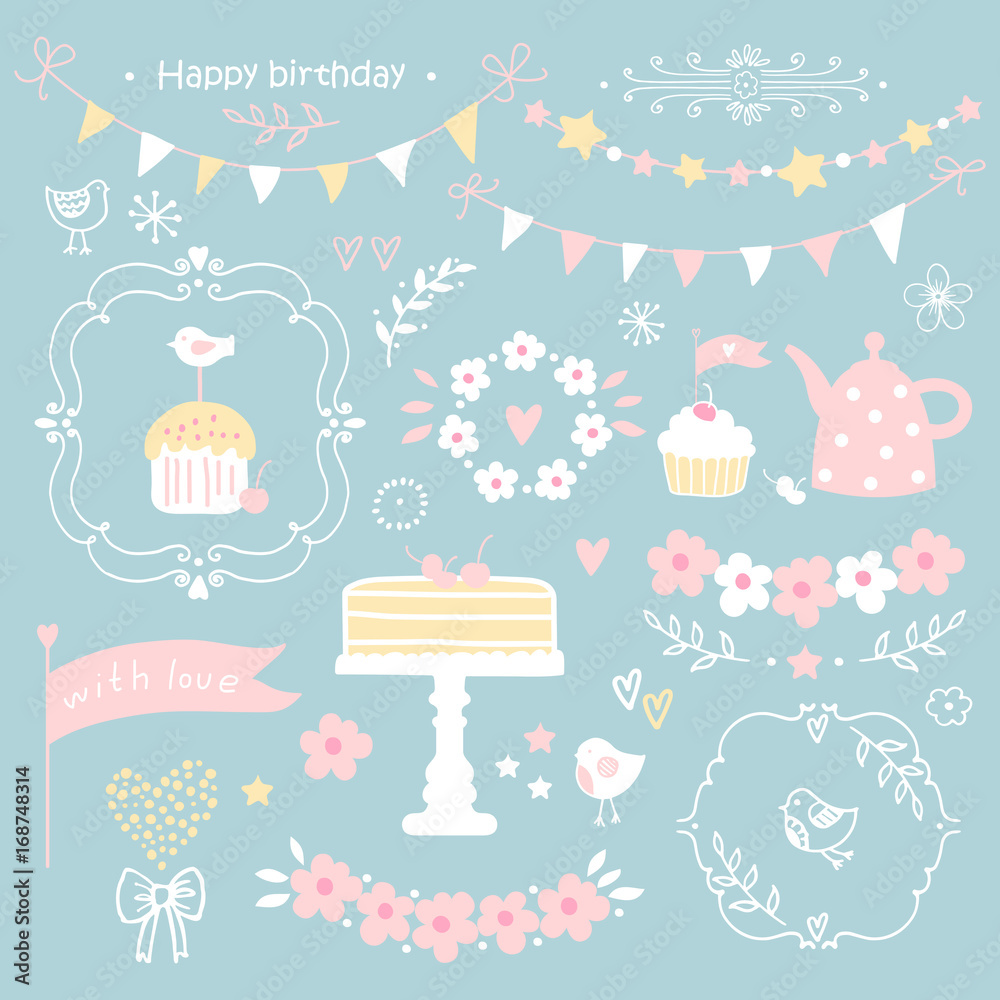 Fototapeta premium Set of elements for birthday party, greeting cards and scrapbook