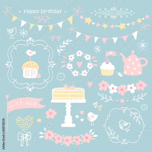 Set of elements for birthday party, greeting cards and scrapbook
