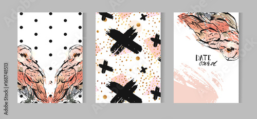 Hand drawn vector abstract textured cards template set collection with owl illustration crosses and polka dot texture inpastel colors isolated on white background