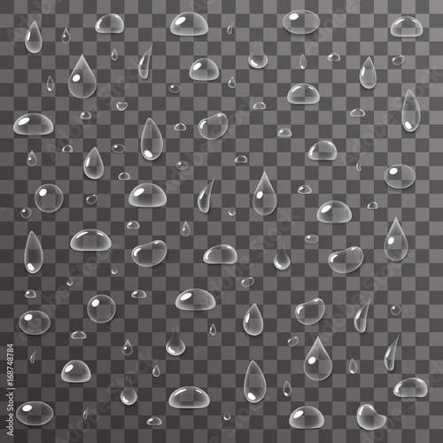 Water drops 3d realistic liquid icons set transparent surface background vector illustration