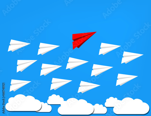 Red Paper Airplane out from the White Ones. Leadership, Winner Concept. Flat Illustration