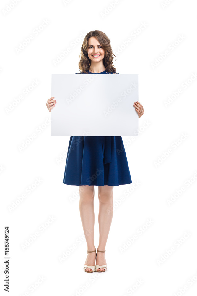 Smiling beautiful woman holding empty sign board Smiling beautiful woman holding empty sign board