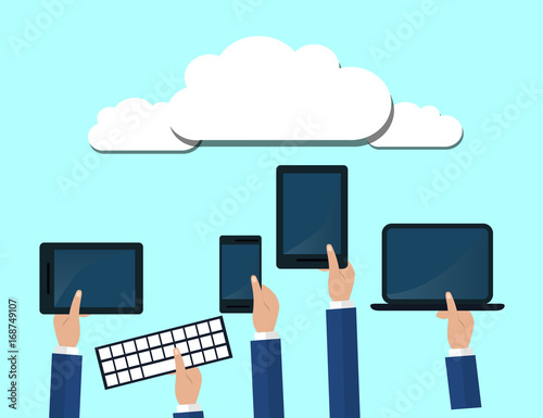 modern cloud services and Cloud Computing Elements Concept. Devices connected to the cloud with Gears. Flat Illustration.