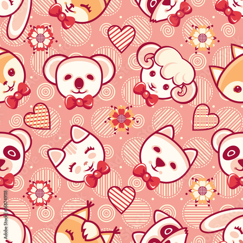 Cute pets. Seamless pattern. Colorful background with characters.