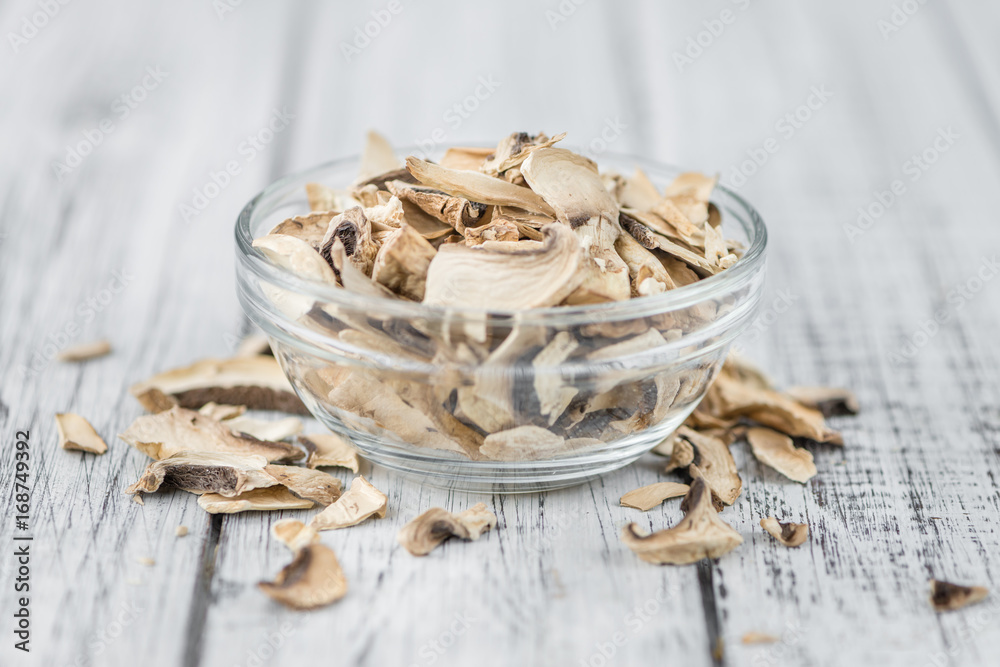 Dried white Mushrooms selective focus Dried white Mushrooms selective focus
