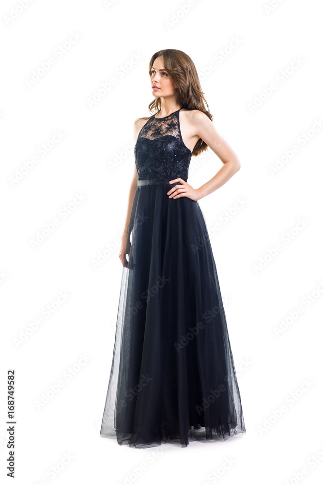 Full length portrait of young beautiful woman in black evening dress