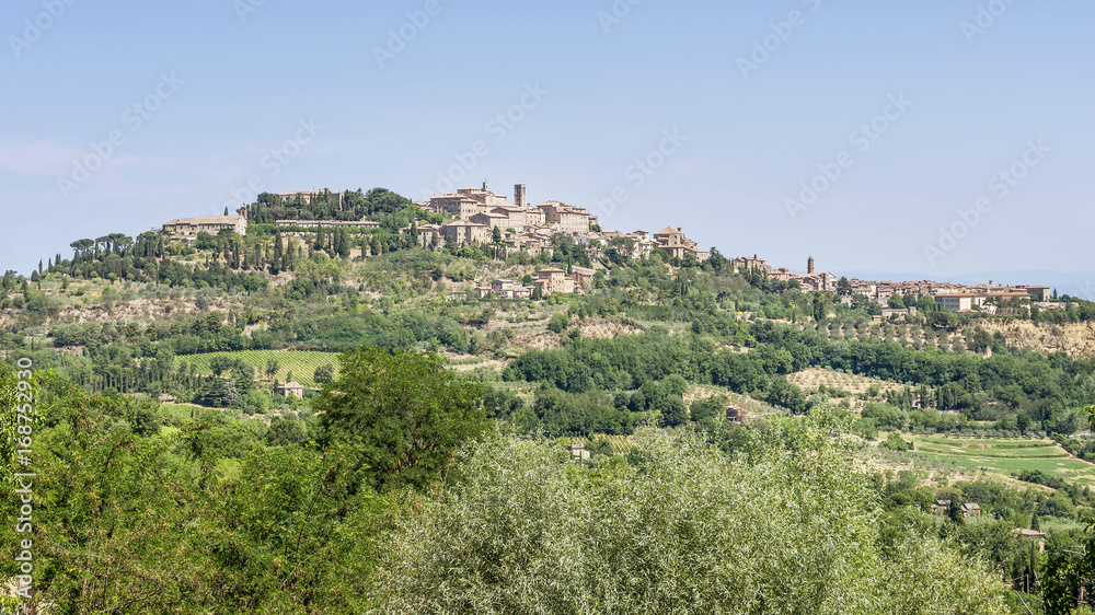 Stunning view of the Tuscan hilltop village of Montepulciano, Siena, Italy, on a sunny day