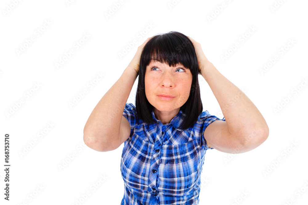 Gesture Portrait of Mature Woman Has Shocked or Surprised, holding her head both hands. Dressed in shirt blue color, isolated on white. wide angle Gesture Portrait of Mature Woman Has Shocked or Surprised, holding her head both hands. Dressed in shirt blue color, isolated on white. wide angle