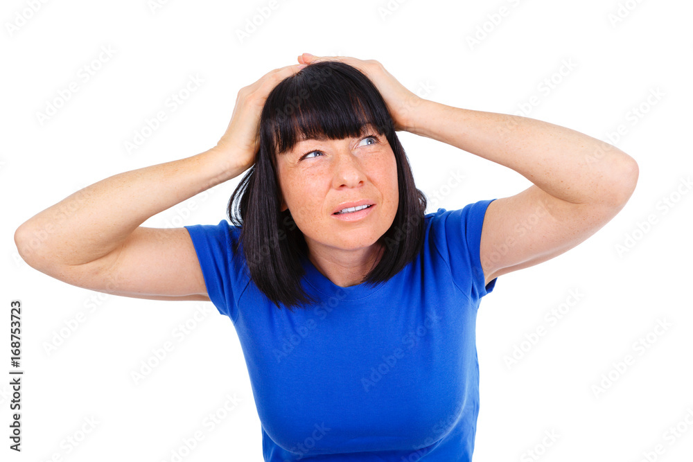 Gesture Portrait of Woman Has Shocked or Surprised, holding her head both hands. Dressed in t-shirt blue color, isolated on white background Gesture Portrait of Woman Has Shocked or Surprised, holding her head both hands. Dressed in t-shirt blue color, isolated on white background