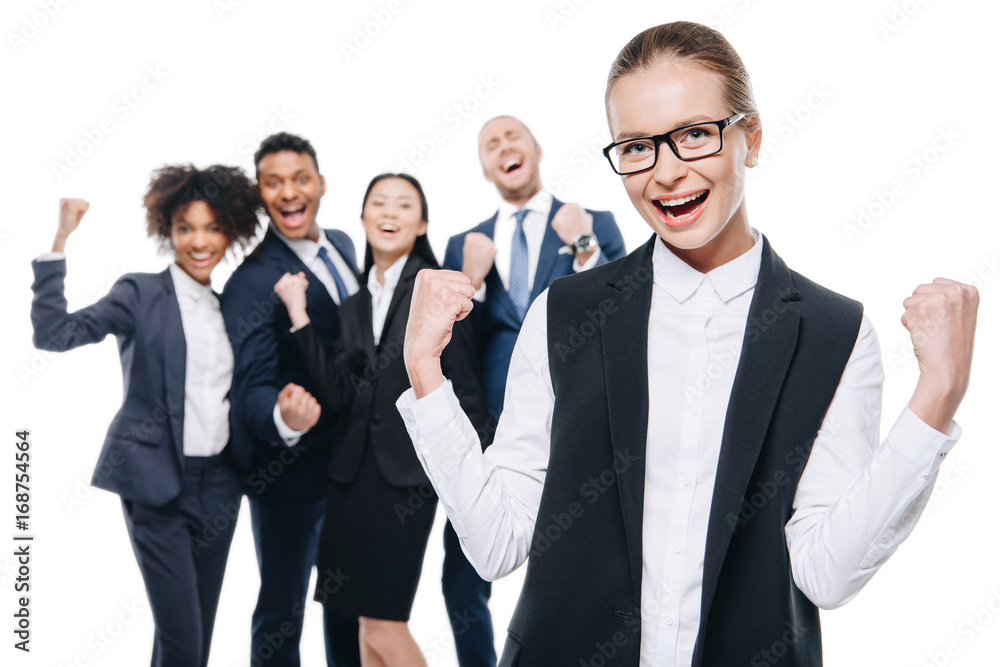 cheerful businesswoman with colleagues cheerful businesswoman with colleagues