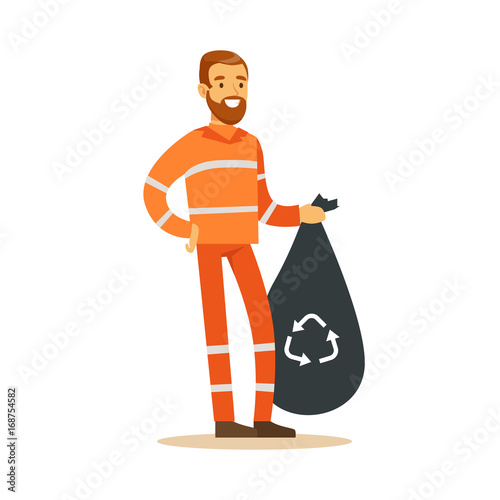 Street cleaner man in a orange uniform holding black bag with garbage, waste recycling and utilization concept vector Illustration