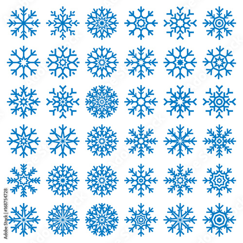 Vector blue snowflakes set on white background, winter icons silhouette, 25 ice stars, vector elements for your Christmas and New Year holiday design projects