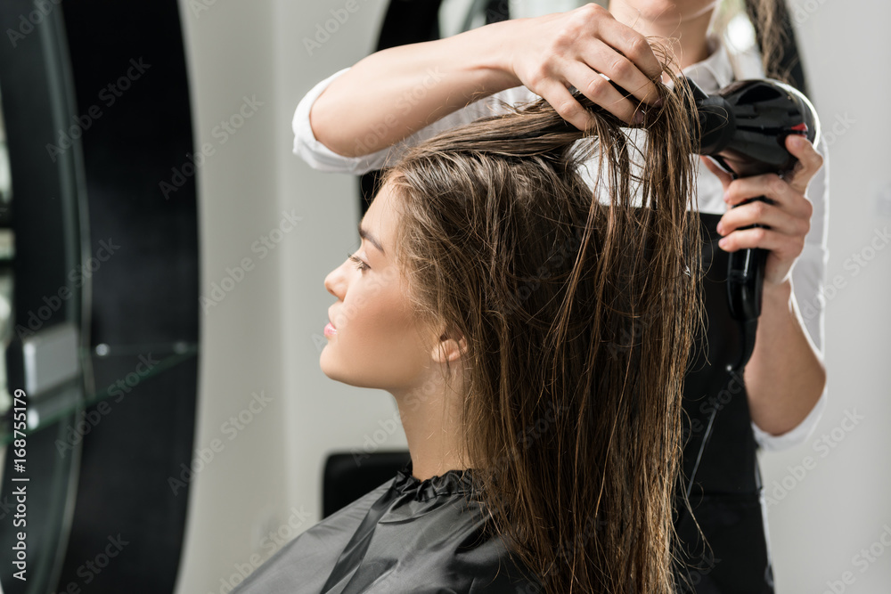 Fototapeta premium hairdresser drying hair of woman