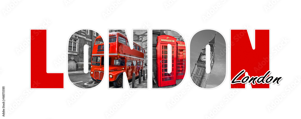 Obraz premium Londyn listy, odizolowane na białym tle, podróży i turystyki w koncepcji Wielkiej Brytanii
