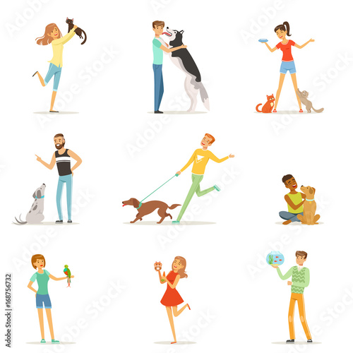 Happy people having fun with pets, man and women training and playing with their pets vector Illustrations