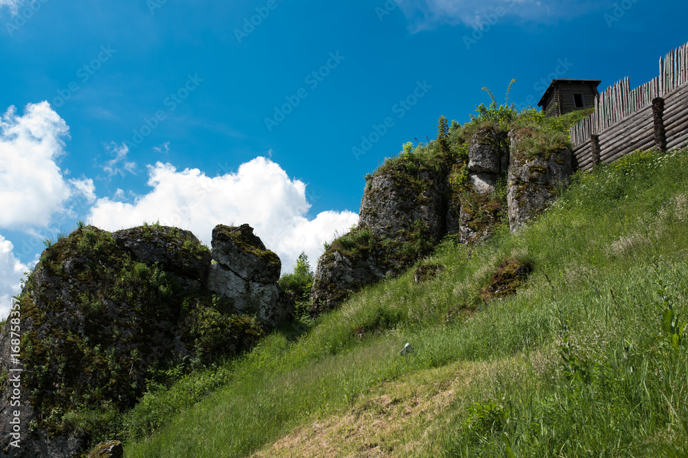 Old fortified settlement at the birów limestone mountain in Poland, wooden old wall