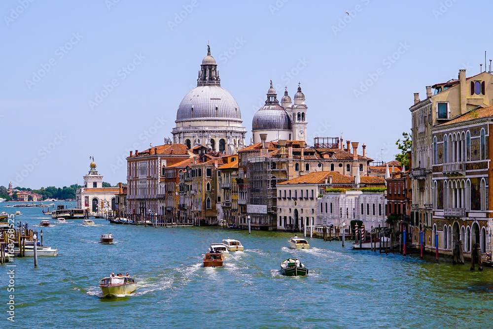View of the Grand canal in Venice Italy, with Dome of church Santa Maria della Salute