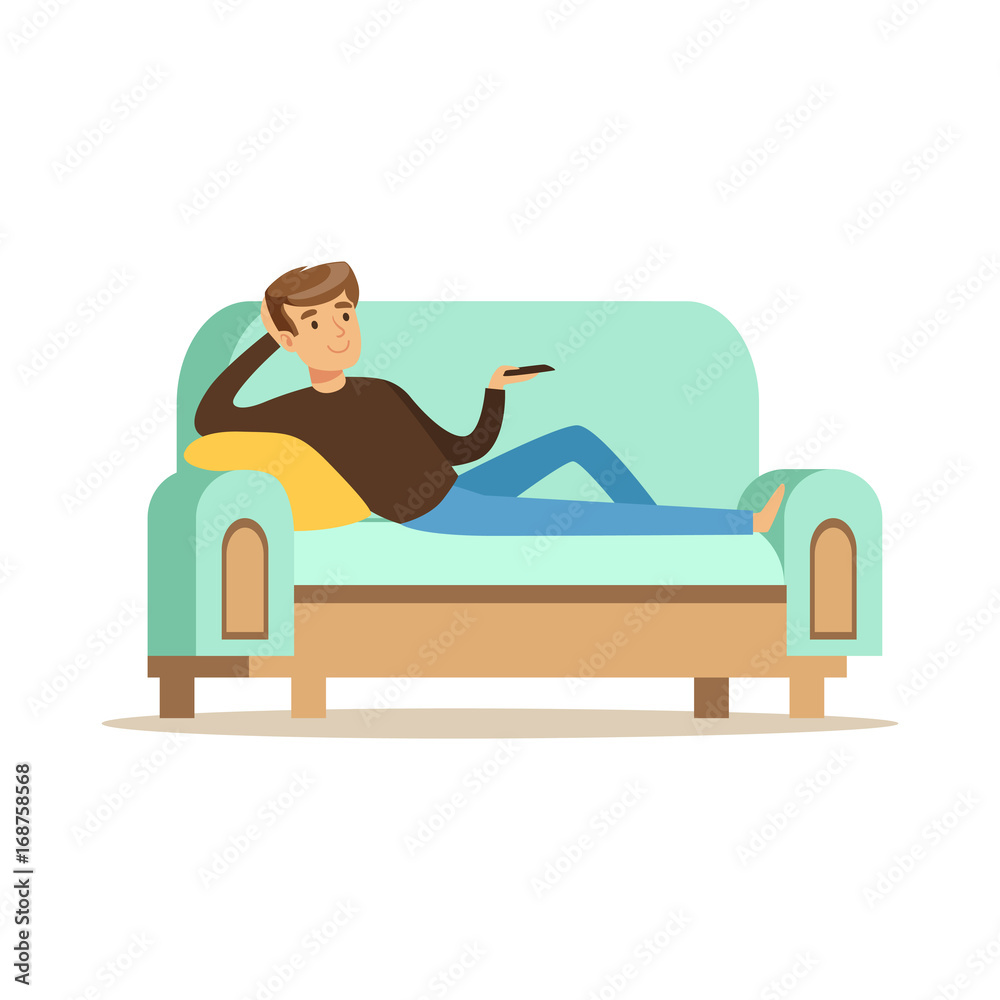 Obraz premium Young man lying on a sofa and watching TV, male resting at home vector Illustration