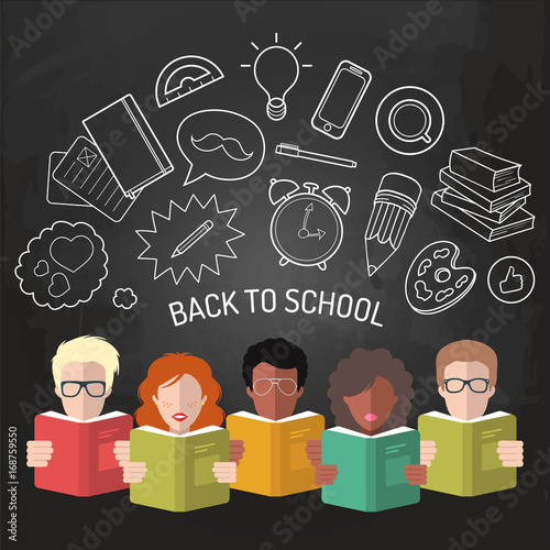 Vector illustration of Back To School in flat style. Educational background with students and pupils icons