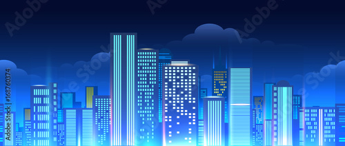 Neon lights modern cityscape horizontal seamless pattern. Futuristic city architecture background with blue lights vector illustration