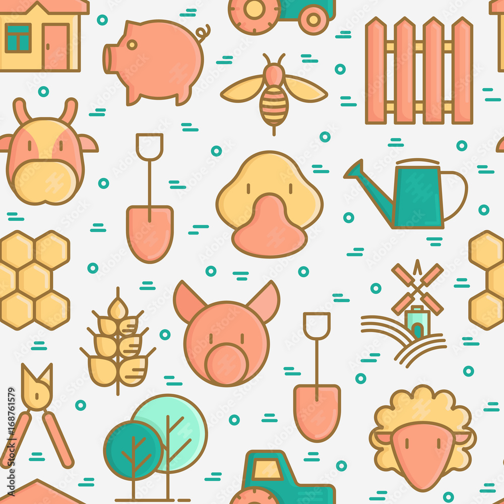 Organic farming seamless pattern with thin line icons of animals, tools and symbols for eco products, farming flyers and banners. Agriculture vector illustration for web page, print media.