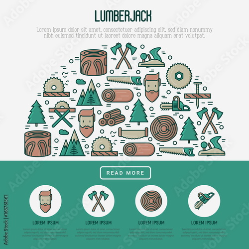 Logging and lumberjack with beard concept in half circle and related thin line icons: jack-plane, sawmill, forestry equipment, timber, lumber. Vector illustration for banner, web page, print media.