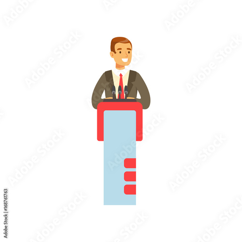 Young businessman speaking behind the podium, public speaker character vector Illustration