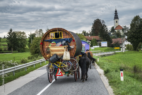 Horse drawn wagon on the road in central Slovenia photo