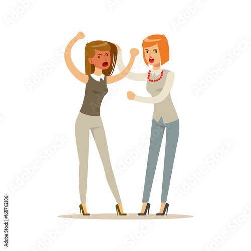 Two young businesswomen characters fighting and quarelling, negative emotions concept vector Illustration