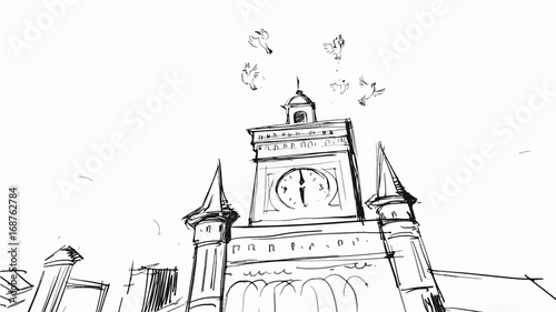 Architecture facade building and birds Vector sketch for projects, cartoon, storyboard
