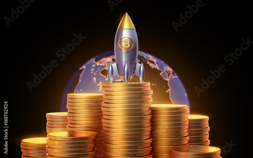 Bitcoin rocket launcher, cryptocurrency concept. The growth rate of the gold coin for designers and breaking news. Gold piece appreciation in the form. 3d render photo