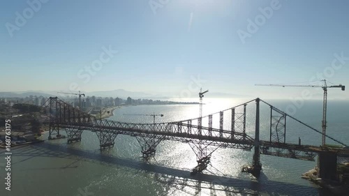 Aerial view The Hercilio Luz Bridge, in Florianopolis, Brazil. July, 2017.  photo