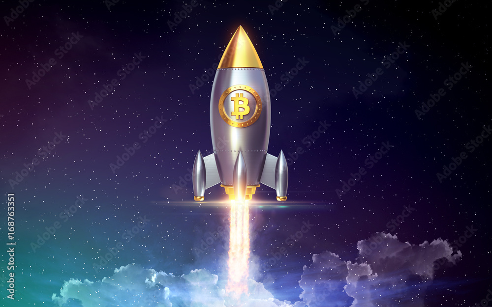 Fototapeta premium Bitcoin rocket launcher, cryptocurrency concept. The growth rate of the gold coin for designers and breaking news. Gold piece appreciation in the form. 3d render