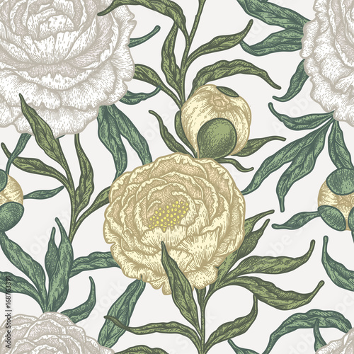 Floral seamless pattern with peony flowers. Vintage engraving background of peonies, branches and leaves.