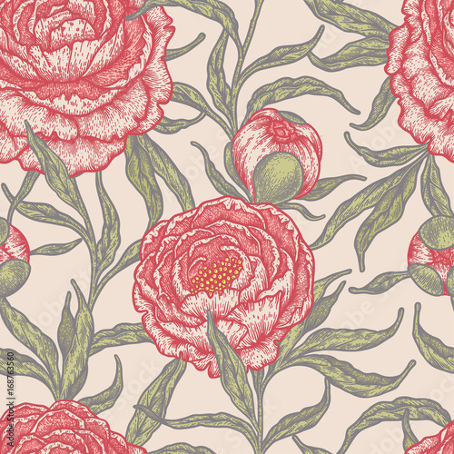 Floral seamless pattern with peony flowers. Vintage engraving background of peonies, branches and leaves.