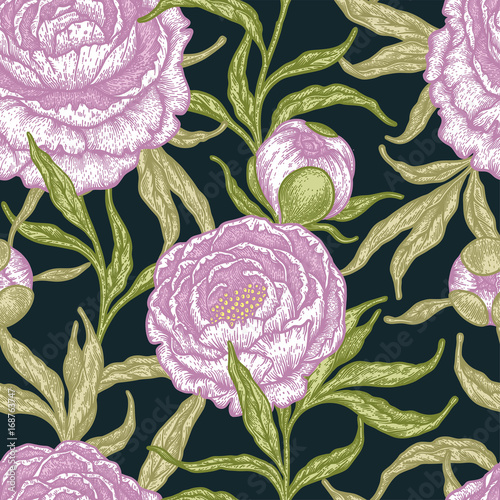 Floral seamless pattern with peony flowers. Vintage engraving background of peonies, branches and leaves.