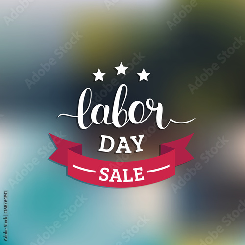 Labor Day Sale hand lettering vector background. Holiday discount card with stars and ribbon illustration.