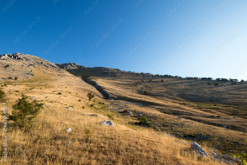 Yellow grass fields in the sun at the top of Marsicano mountain in Abruzzo