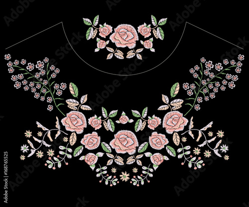 Embroidery folk neckline pattern with simplified tender roses.
