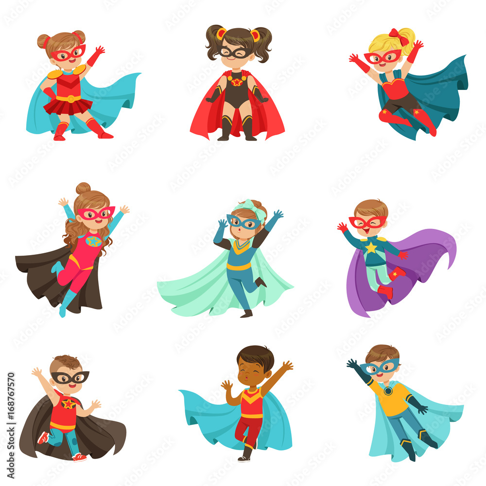 Super kids set, boys and girls in superhero costumes colorful vector Illustrations