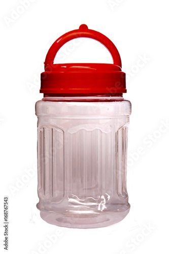 Bottle with clear red cap, white background