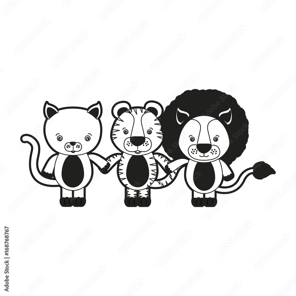 sketch silhouette monochrome caricature cat tiger and lion cute animals holding hand vector illustration sketch silhouette monochrome caricature cat tiger and lion cute animals holding hand vector illustration