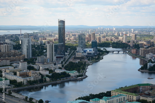 YEKATERINBURG, RUSSIA - JULY 12, 2017: Panorama of the city from viewpoint of Vysotsky skyscraper. The observation deck is located on the 52nd floor.