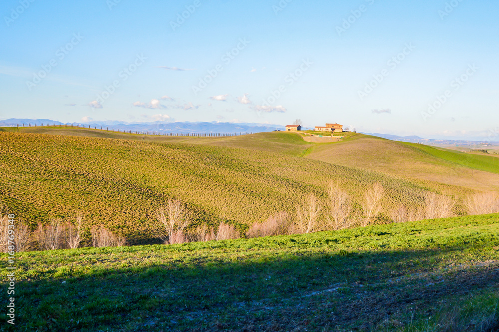 Spring in the valleys and hills of Tuscany in the province of Siena Italy