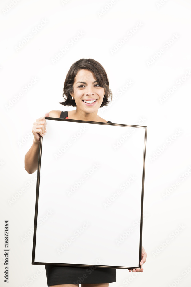 Beautiful young woman holding a blank sheet of paper Beautiful young woman holding a blank sheet of paper