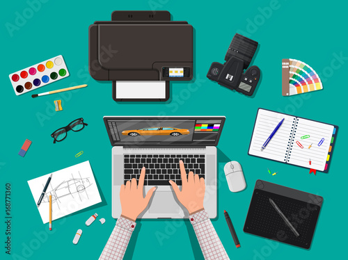 Designer workplace. Illustrator desktop with tools