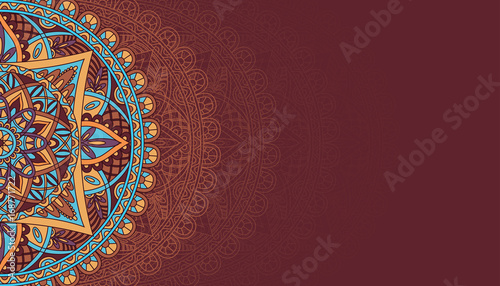 Horizontal brown background with oriental round pattern. Vector illustration.