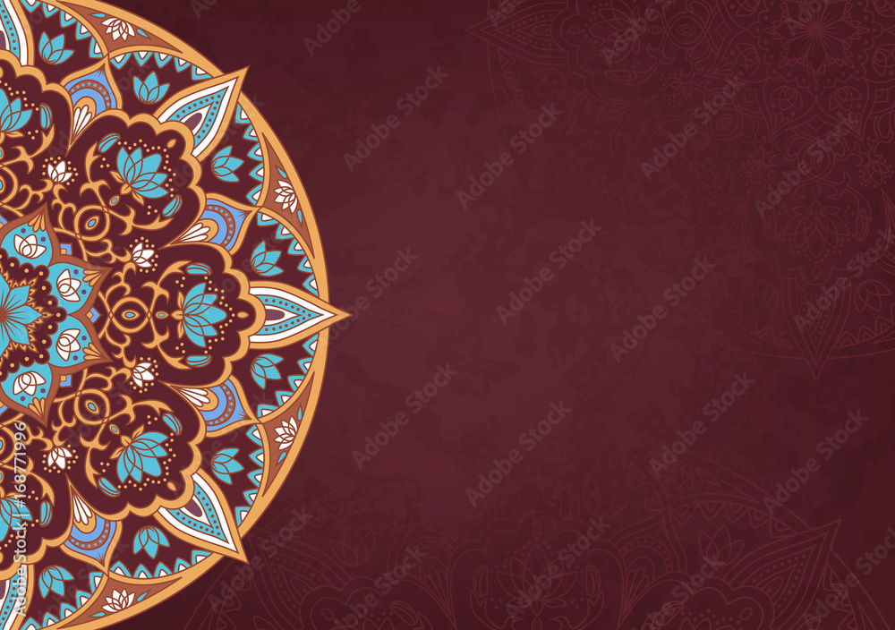 Horizontal brown background with oriental round pattern and texture of old paper. Vector illustration.