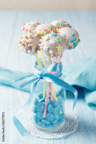 Homemade assorted cake pops with multi colored sprinkles, sweet food ideas for kids